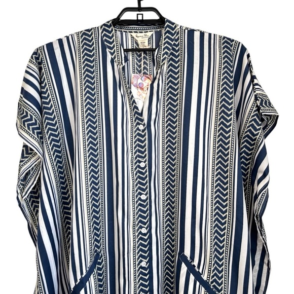 Gypsie Blu Women Kaftan Long Dress One Size Blue White Coverup Pockets Button Up - Picture 3 of 10